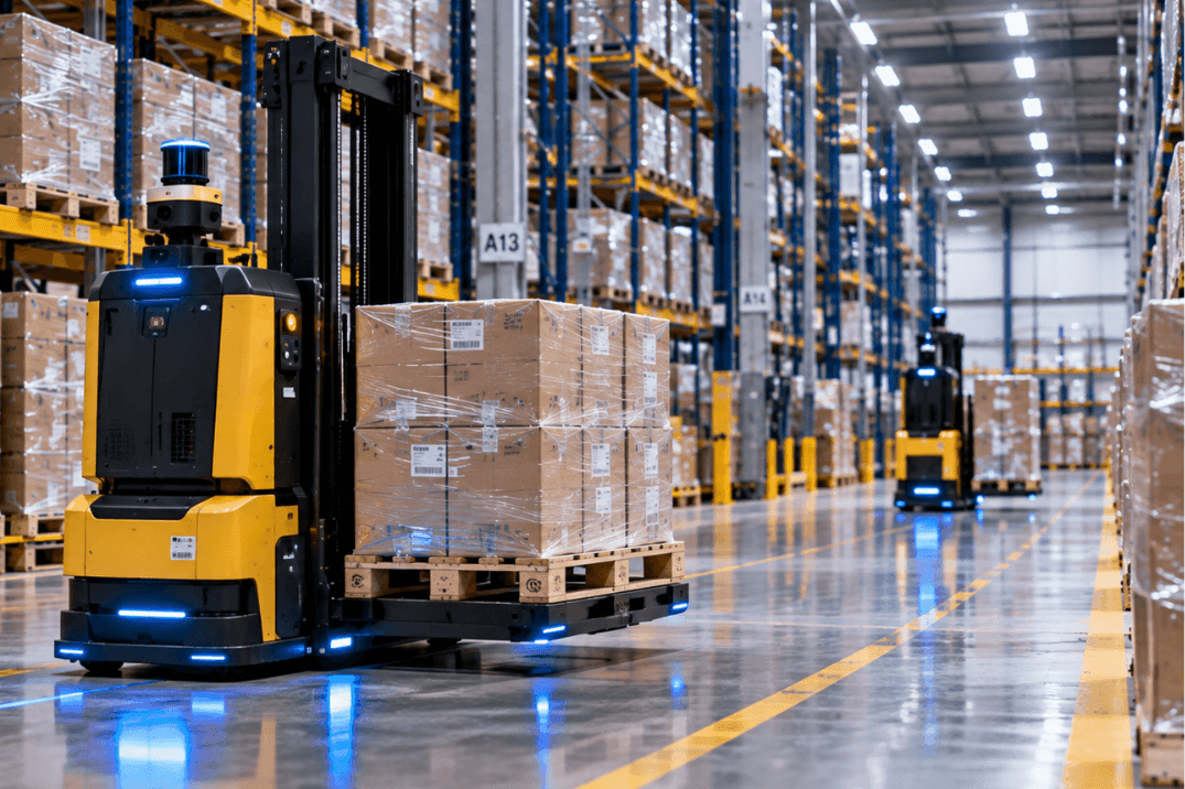 Driverless AGV forklift transporting palletised goods through a modern automated warehouse.