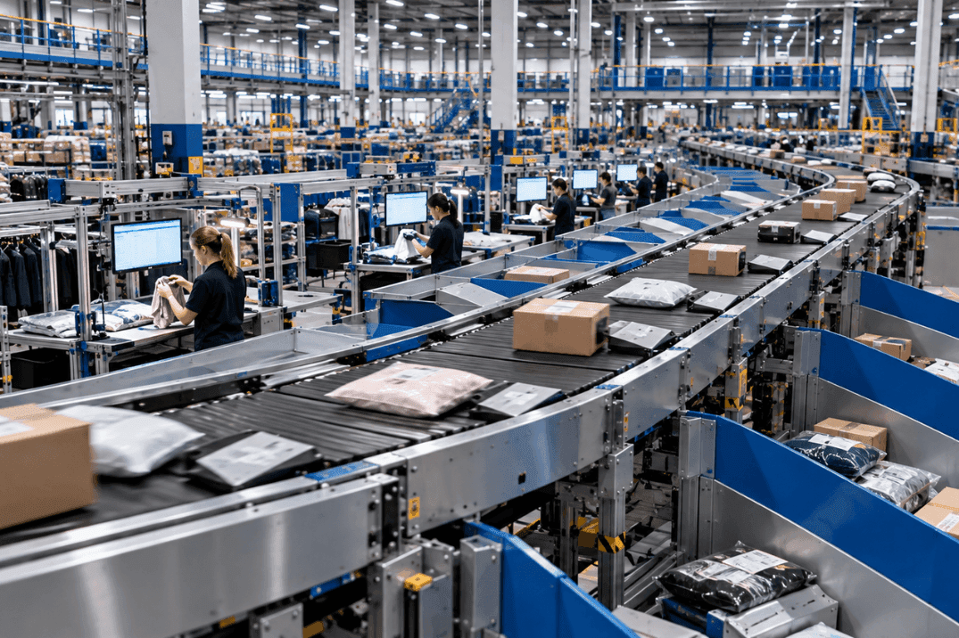 Automated conveyor sortation system processing returned apparel, parcels and polybags in an e-commerce fulfilment centre.