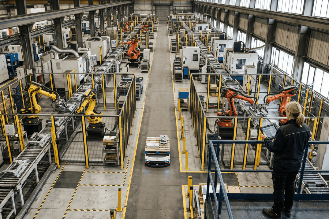 Large automated manufacturing facility with robotic arms, conveyor systems and an autonomous mobile robot supporting production line automation.