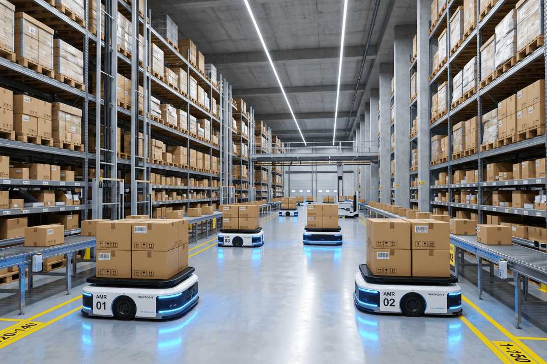 Autonomous mobile robots transporting cartons alongside conveyor systems in a modern warehouse, illustrating flexible automation commonly used in ASRS retrofit projects