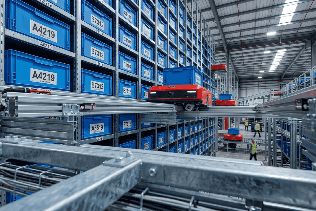 High-density shuttle-based ASRS system with autonomous robots transporting blue storage totes within a structured racking system, illustrating the balance between storage capacity and retrieval responsiveness in automated warehouse operations.