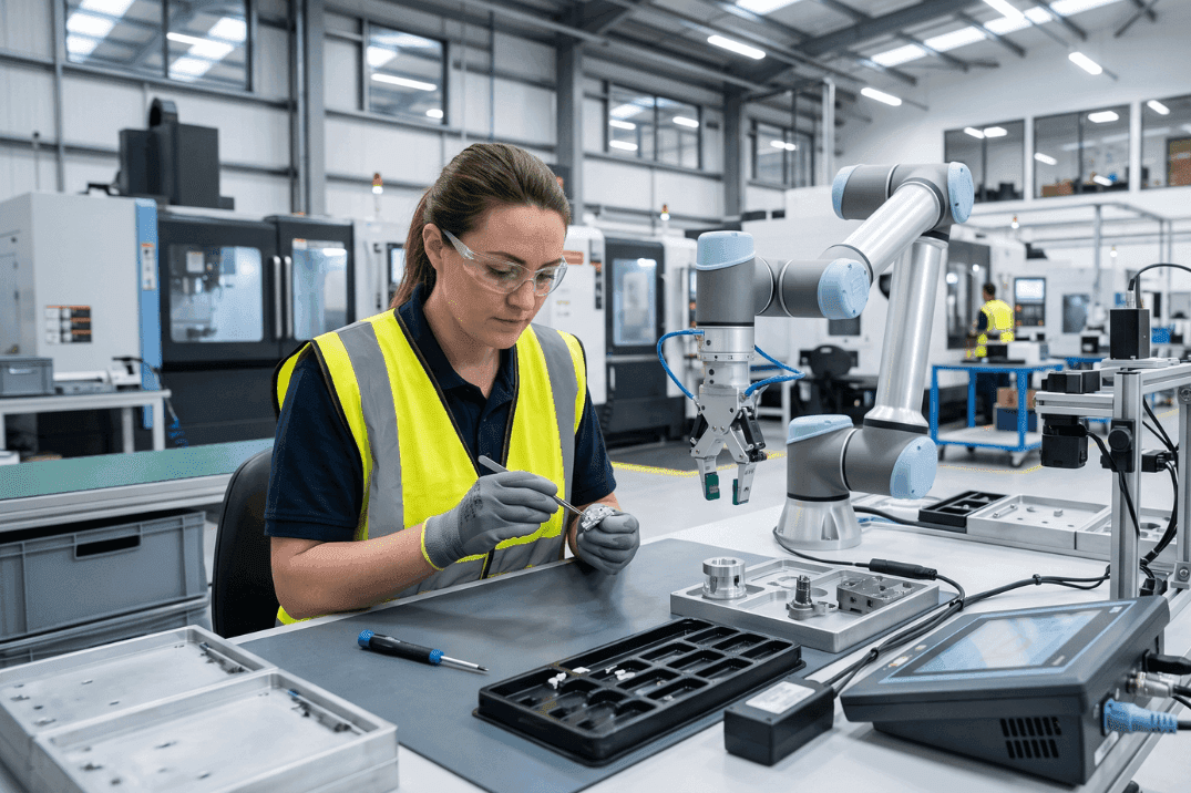 Collaborative robot working alongside a human operator at a manufacturing workstation.
