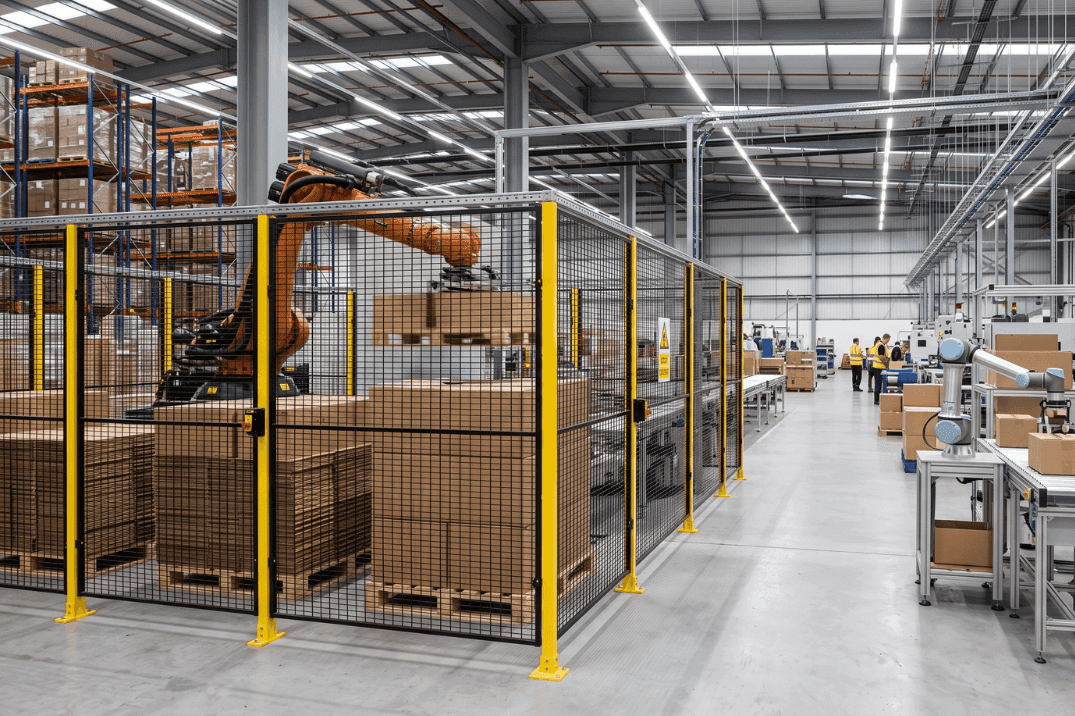 Guarded industrial robot and collaborative robot operating in a modern manufacturing facility.