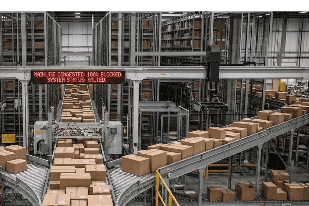Automated warehouse conveyor system experiencing congestion and blockage with parcels backing up and system halted
