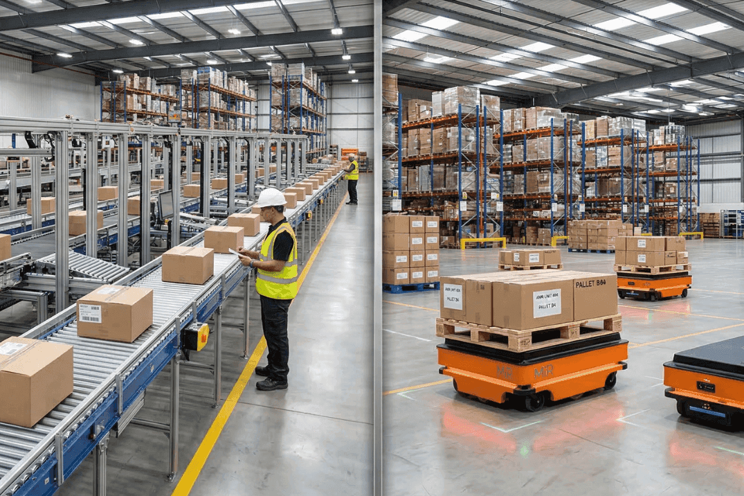 Hybrid material handling system combining conveyor belts and autonomous mobile robots (AMRs) for efficient warehouse material flow