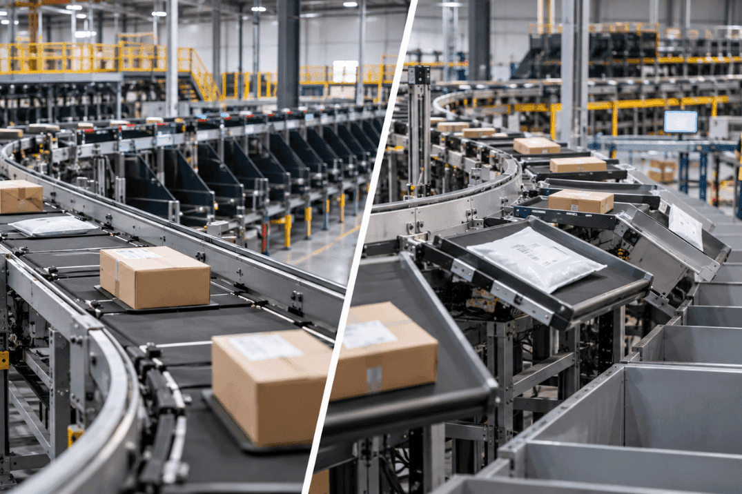 Cross-belt and tilt-tray sortation systems handling parcels in a high-speed distribution centre.