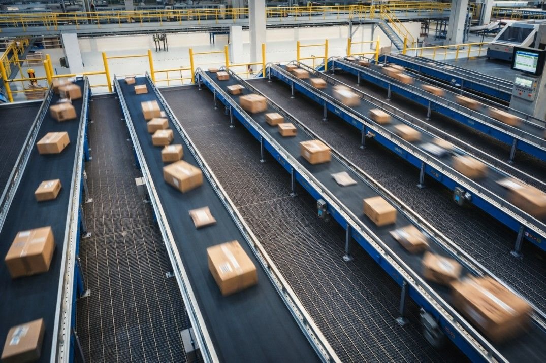 Industrial conveyor system handling fluctuating parcel volumes across multiple belt lines in a warehouse