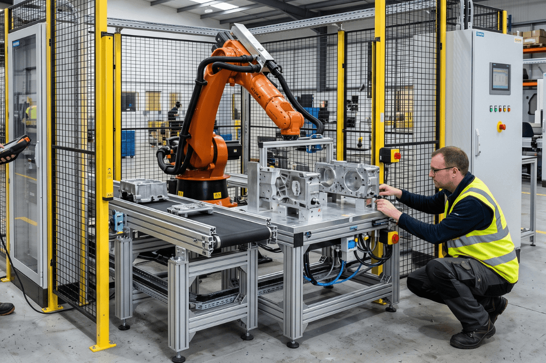 Automation engineer commissioning an industrial robot cell with conveyor, safety guarding and production fixtures in a UK manufacturing facility.