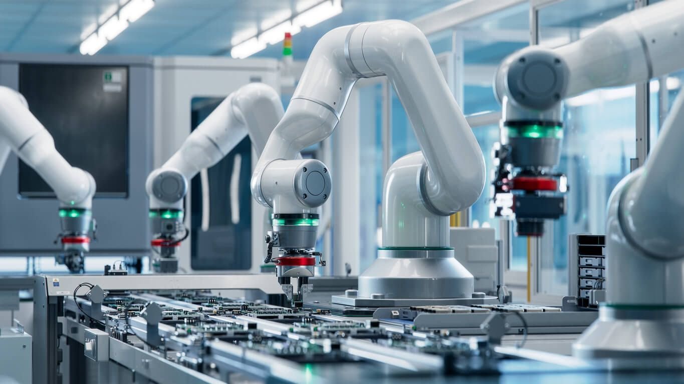 Six-axis industrial robotic arms performing high-precision electronics assembly on an automated manufacturing production line, showcasing advanced robotics and precision engineering for next generation factories.