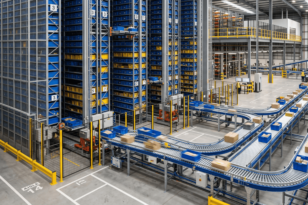 Integrated ASRS and conveyor system moving totes and cartons between automated storage and warehouse processing areas.