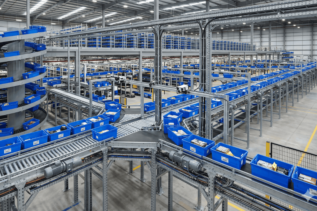 Large-scale warehouse conveyor system with multiple zones and sortation lines, illustrating interconnected material handling and system-wide performance dependencies
