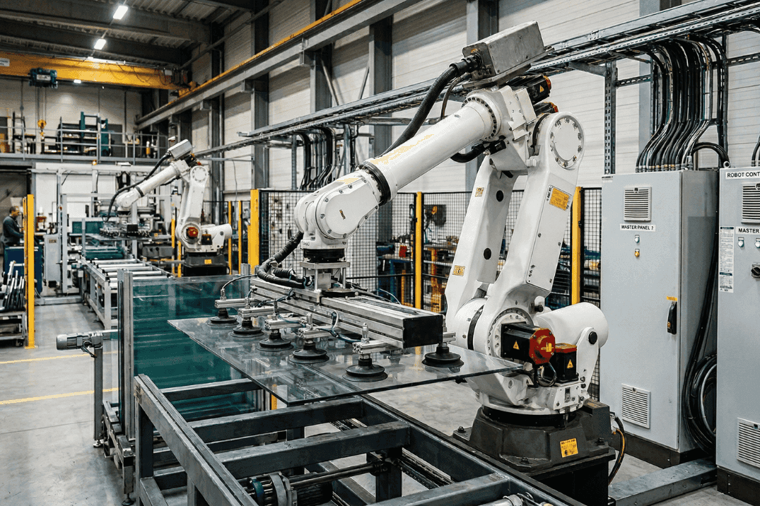 Industrial robotic arms handling materials on a conveyor system within an automated production line, illustrating integrated robotics, control systems, and material handling infrastructure