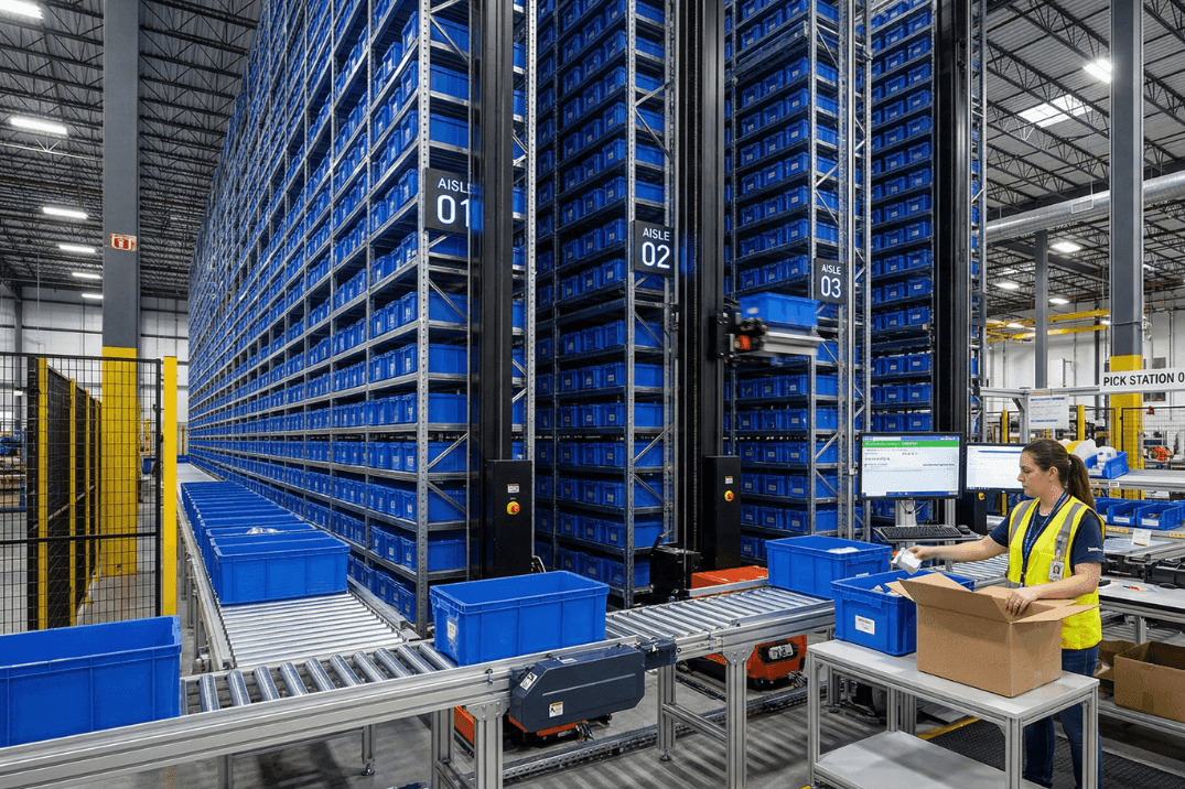 Automated storage and retrieval system with high-density racking and blue totes, integrated with conveyor lines and a picking station for efficient warehouse order fulfilment