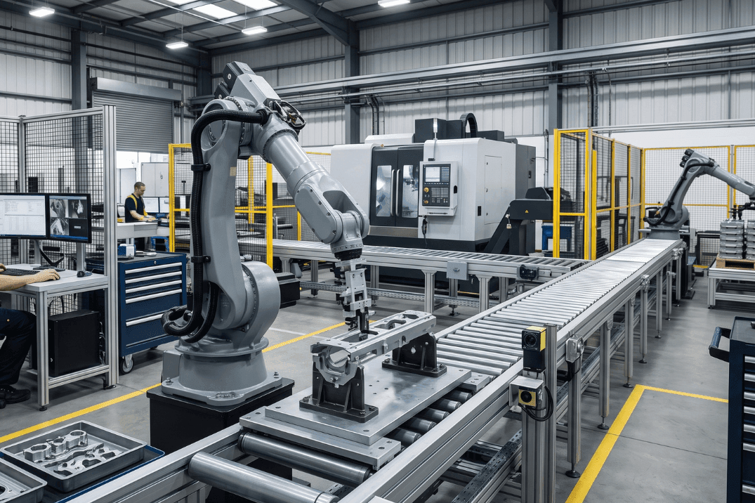 Industrial robot automating the handling and assembly of precision metal components in a manufacturing cell.