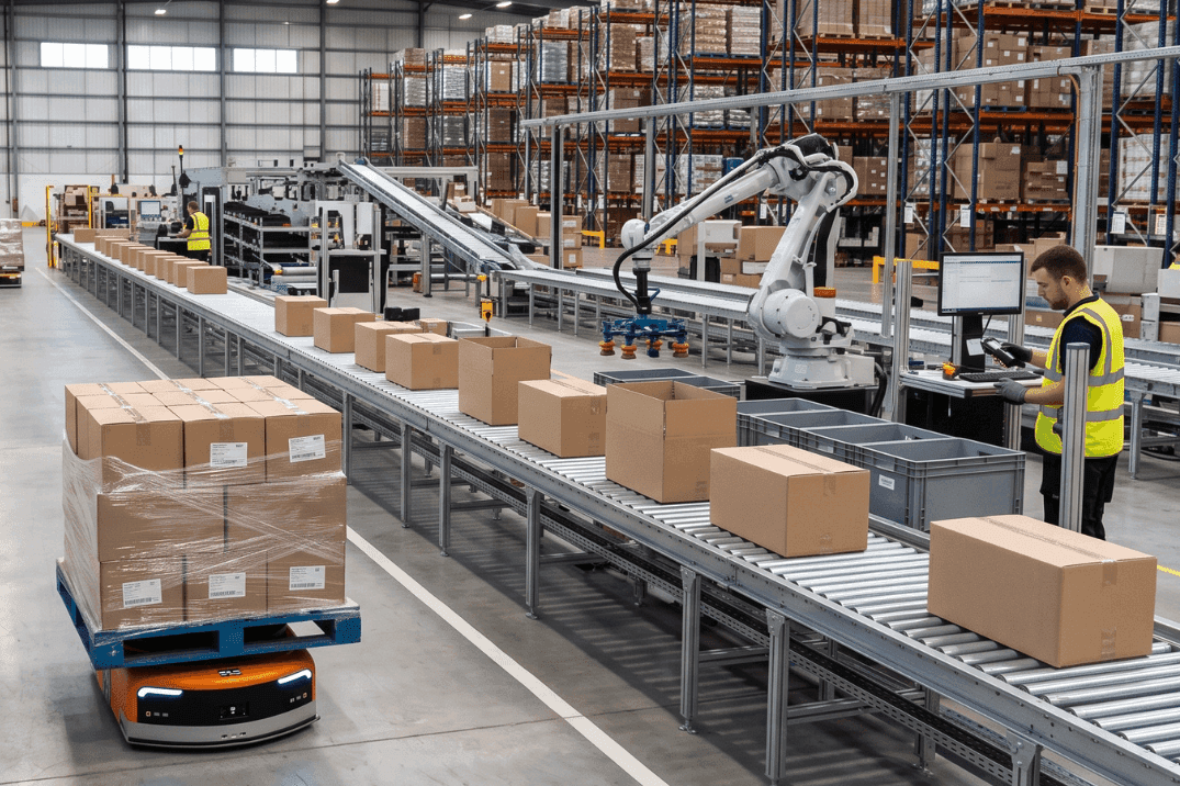 Robotic automation system with conveyors, AMR and warehouse operatives handling goods in a distribution centre