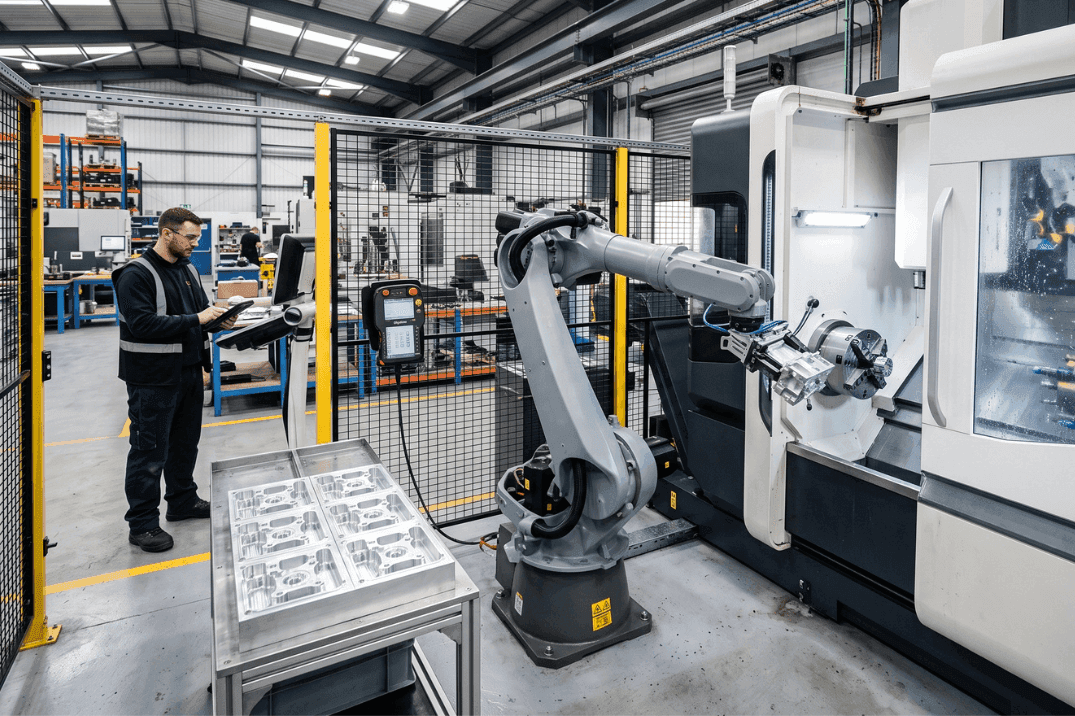 Industrial machine tending robot automatically loading and unloading metal components from a CNC machine.