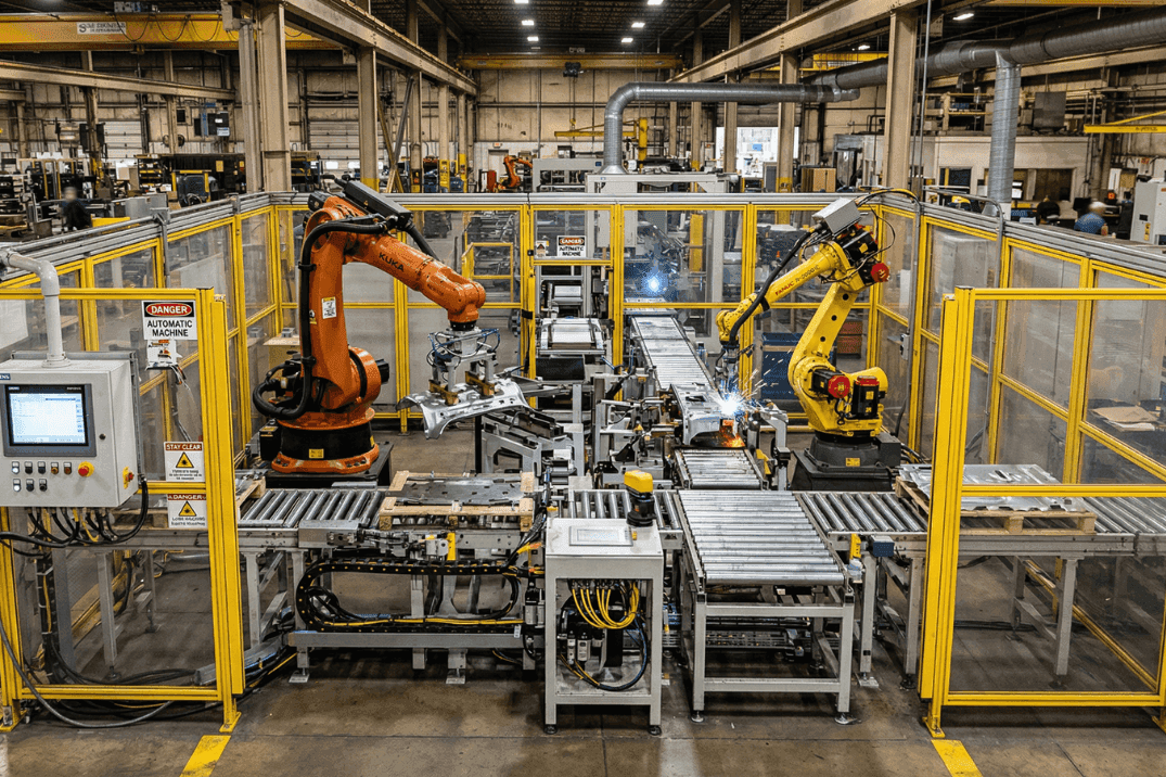 Industrial robotic cell with multiple robot arms, conveyor systems, and safety fencing in a manufacturing environment, illustrating complex automation systems and space requirements