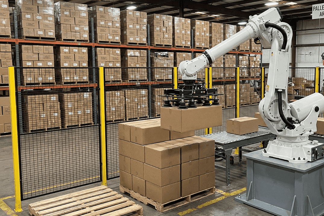 Industrial robotic arm stacking cardboard boxes onto a pallet from a conveyor system in a warehouse, demonstrating automated palletising and material handling efficiency