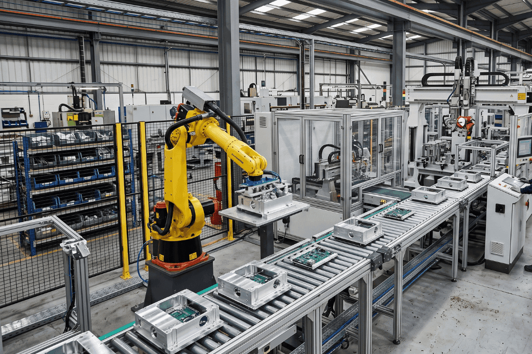 Automated production line featuring an industrial robotic arm and roller conveyor transporting components through a manufacturing facility.