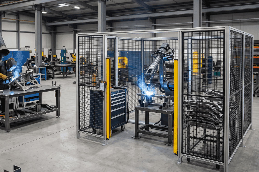 Robotic welding cell operating alongside a skilled manual welder in a modern UK manufacturing facility.