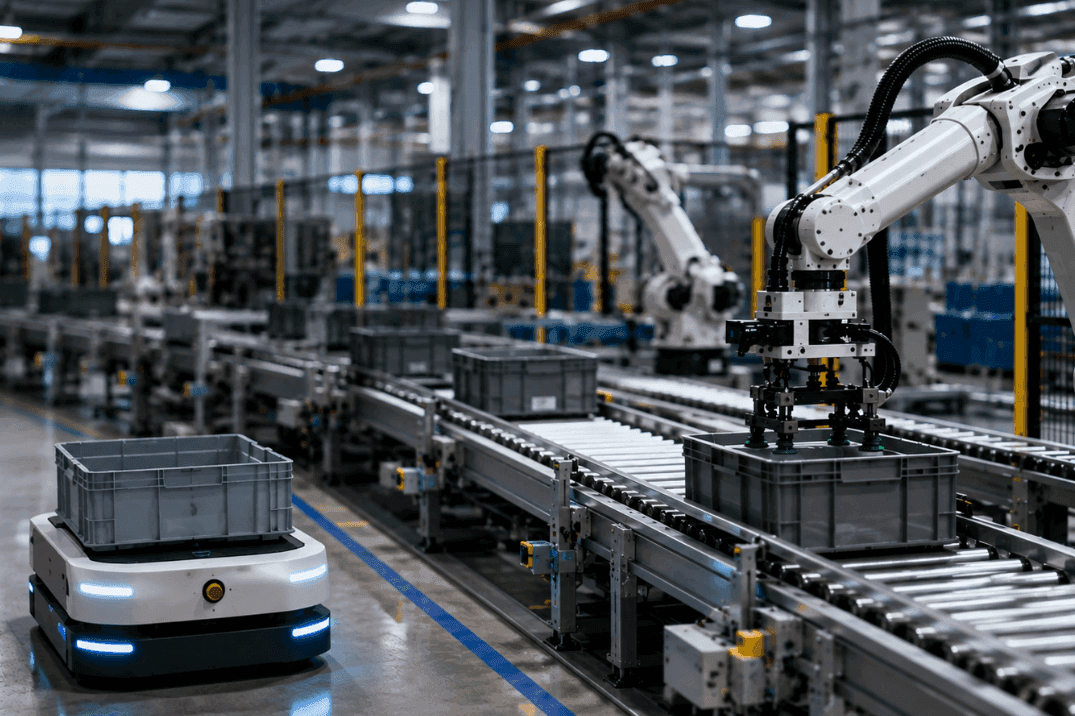 Robotic arms and an AMR integrated with an automated conveyor system in a modern manufacturing facility.