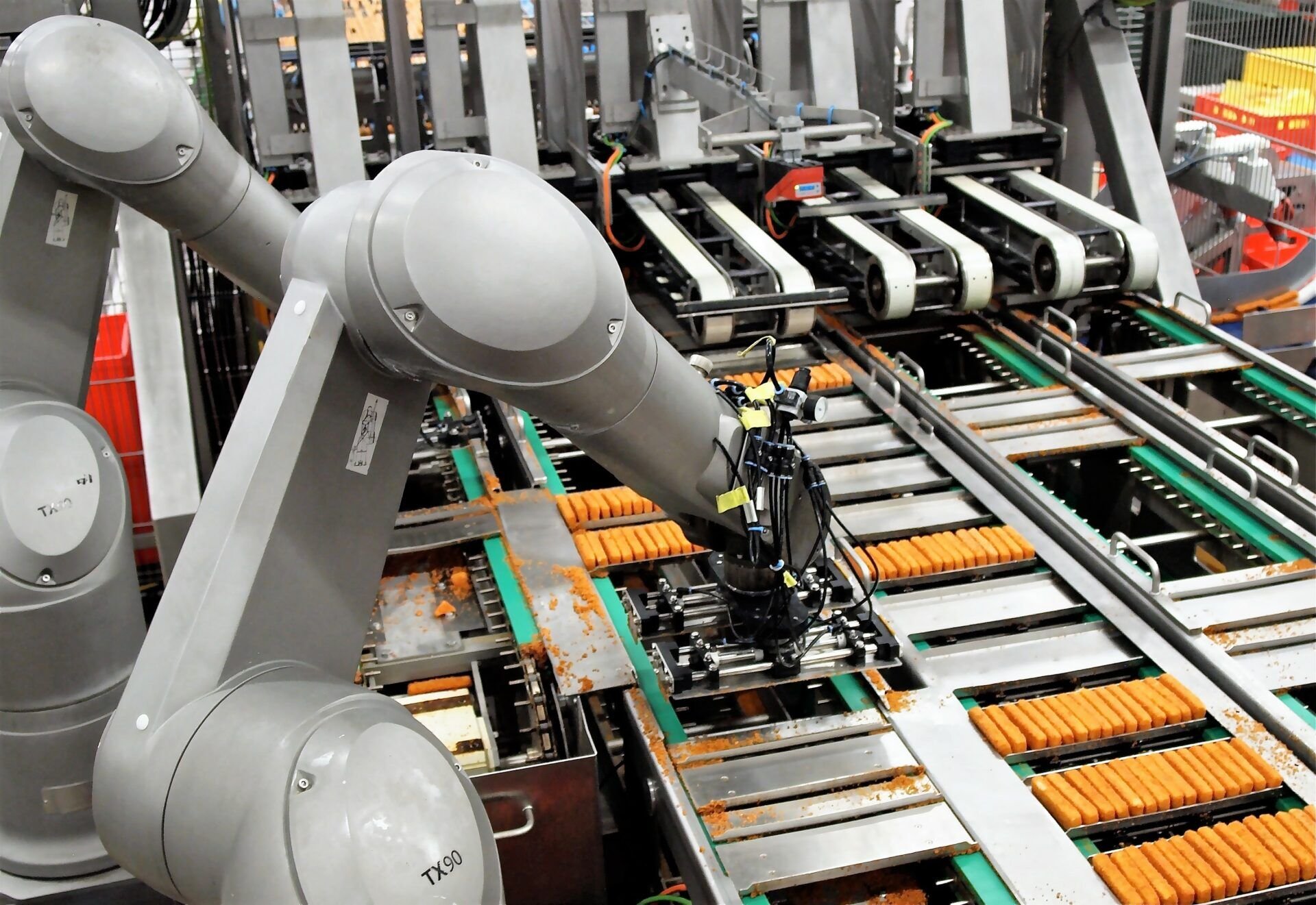 Food-grade robotic automation system handling products on a conveyor line in a hygienic manufacturing environment.