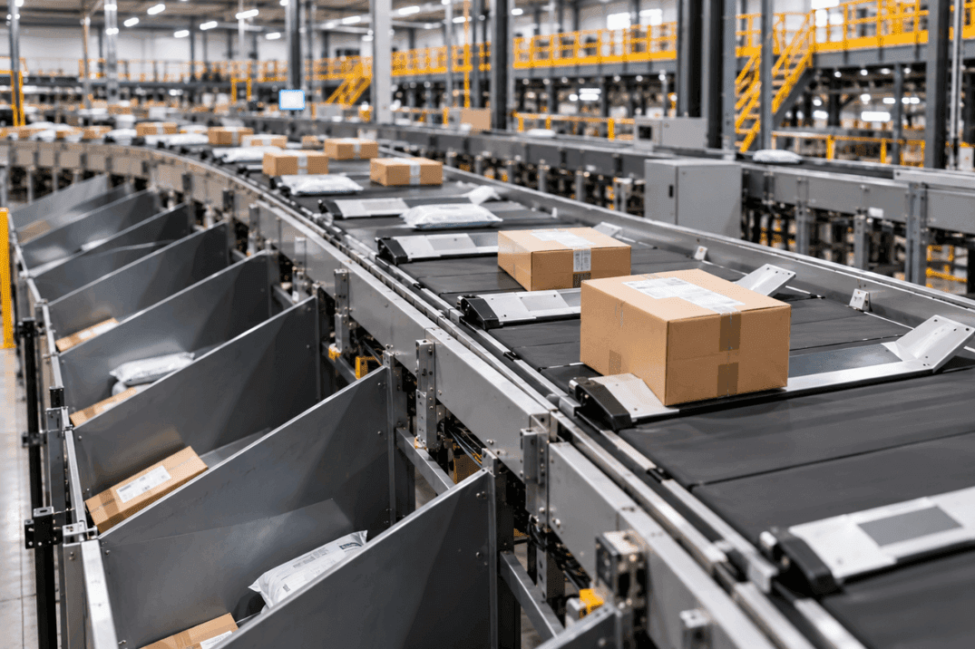 Sliding-shoe sorter handling cartons and polybags across multiple divert lanes in a distribution centre.