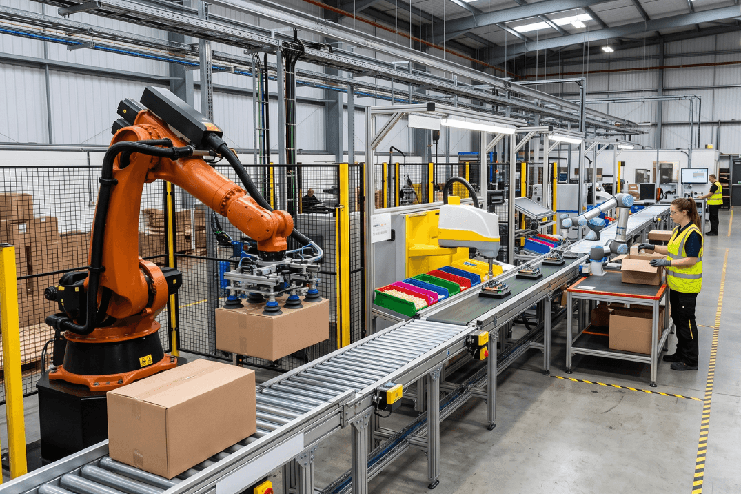 Articulated robot and collaborative robot integrated with conveyors in an automated manufacturing facility