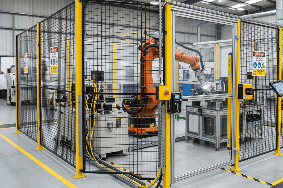 Industrial robot operating inside a guarded safety cell with emergency stops and controlled access in a UK manufacturing facility.