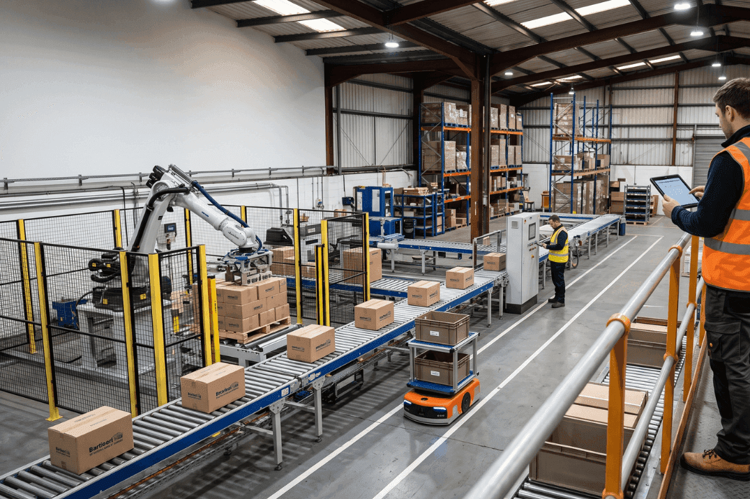 Integrated warehouse automation system combining robotic palletising, conveyors and autonomous mobile robots