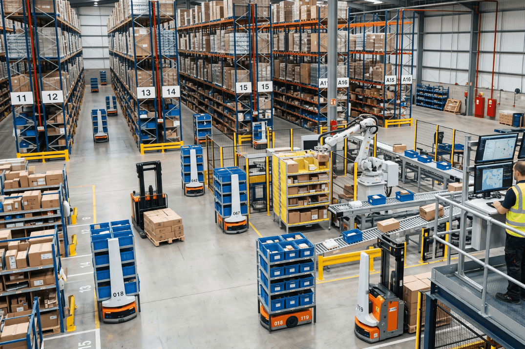 Automated warehouse with AMRs, robotic picking equipment and conveyors handling goods with minimal manual labour