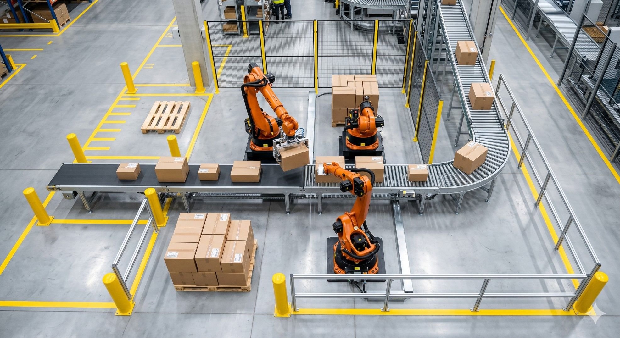 Multiple industrial robotic arms picking parcels from a conveyor system in a warehouse, illustrating shared task zones and multi-robot coordination challenges.