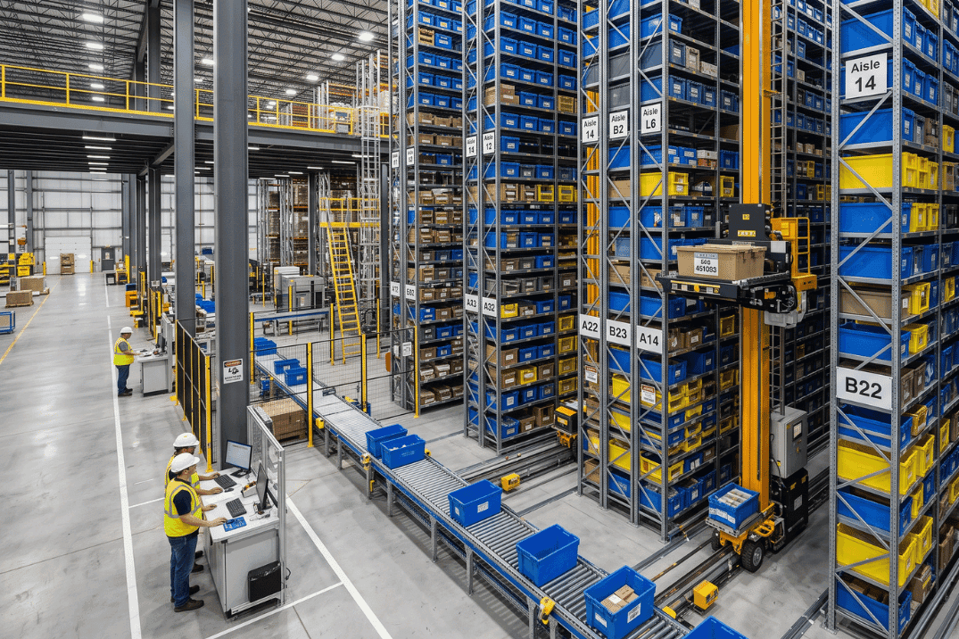 Automated Storage and Retrieval System (ASRS) with a crane retrieving pallets from high-bay racking
