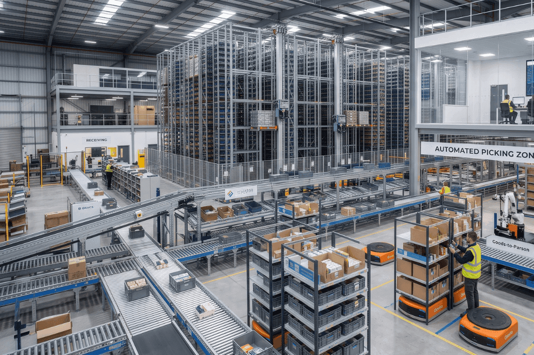 Automated warehouse with conveyor systems, high-bay ASRS and goods-to-person AMRs picking orders
